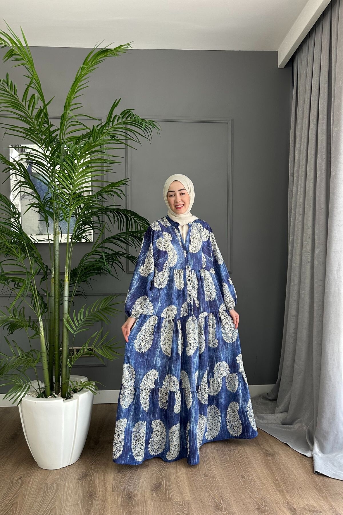 AKASYA MODEL MANGO KUMAŞ  ELBİSE MAVİ