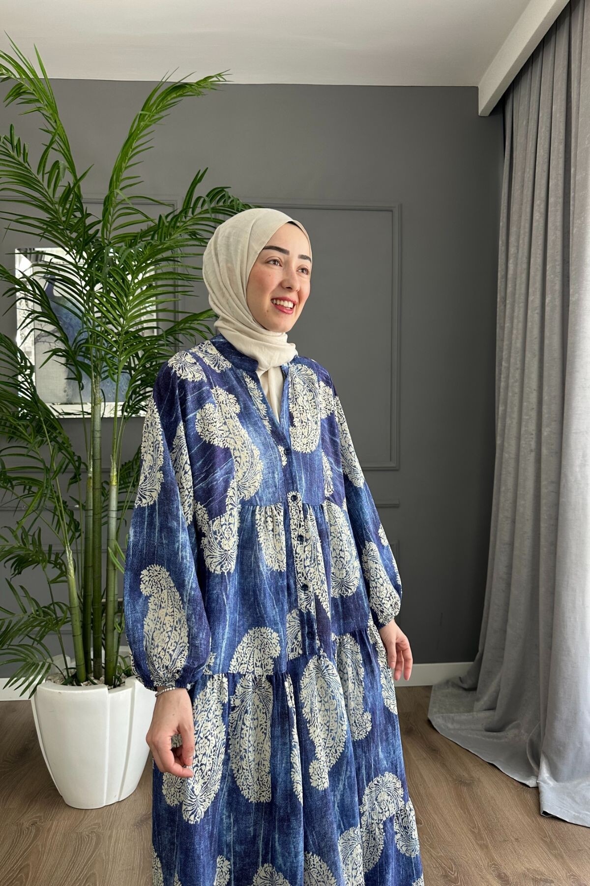 AKASYA MODEL MANGO KUMAŞ  ELBİSE MAVİ