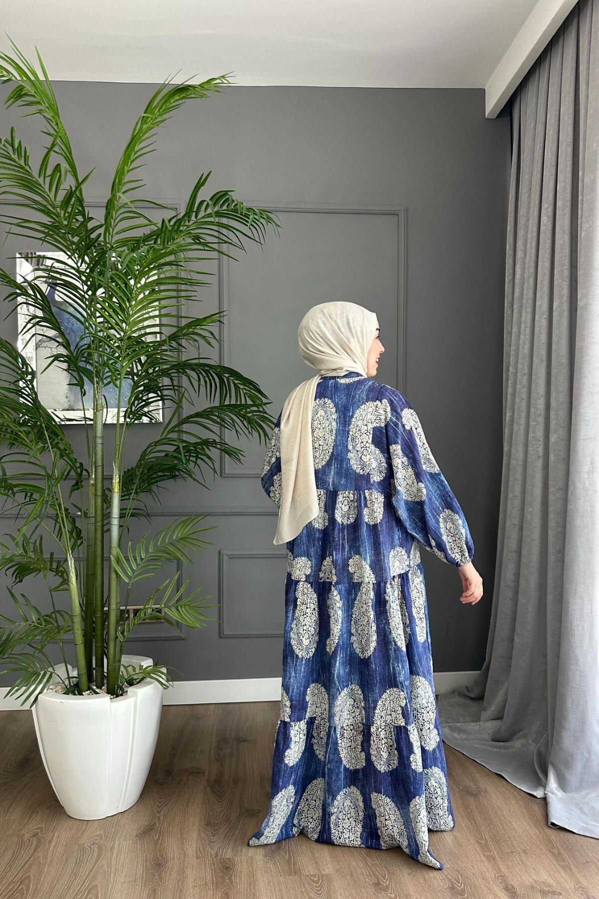 AKASYA MODEL MANGO KUMAŞ  ELBİSE MAVİ