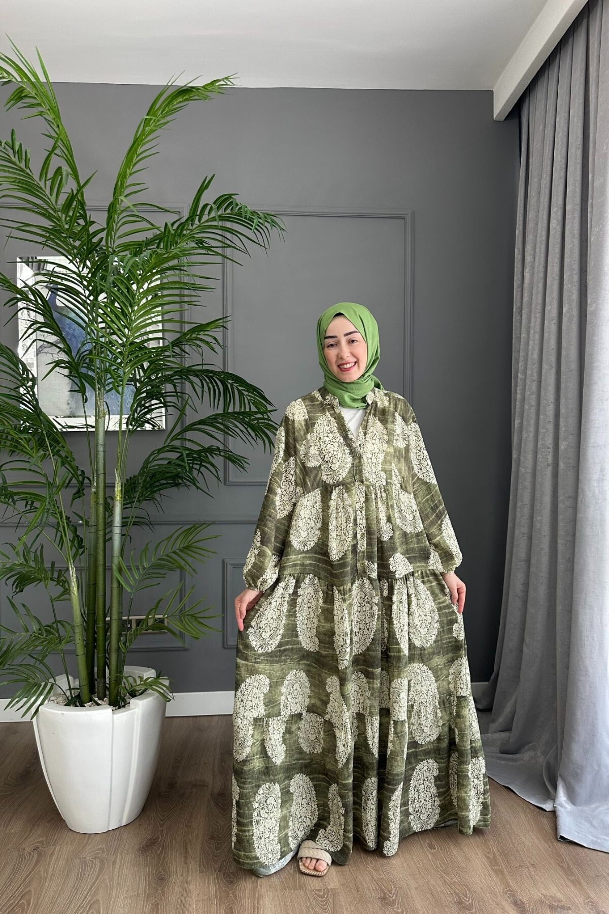 AKASYA MODEL MANGO KUMAŞ  ELBİSE YEŞİL