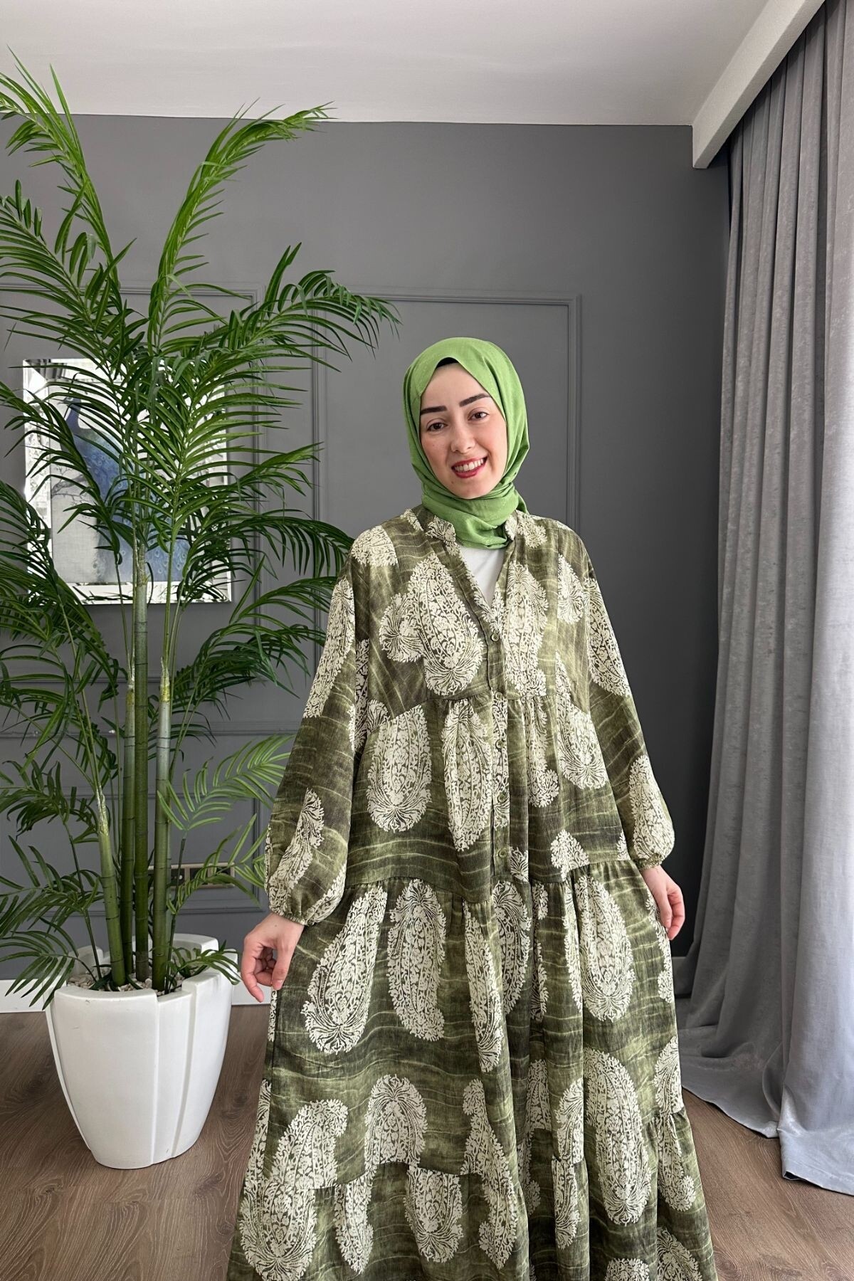 AKASYA MODEL MANGO KUMAŞ  ELBİSE YEŞİL