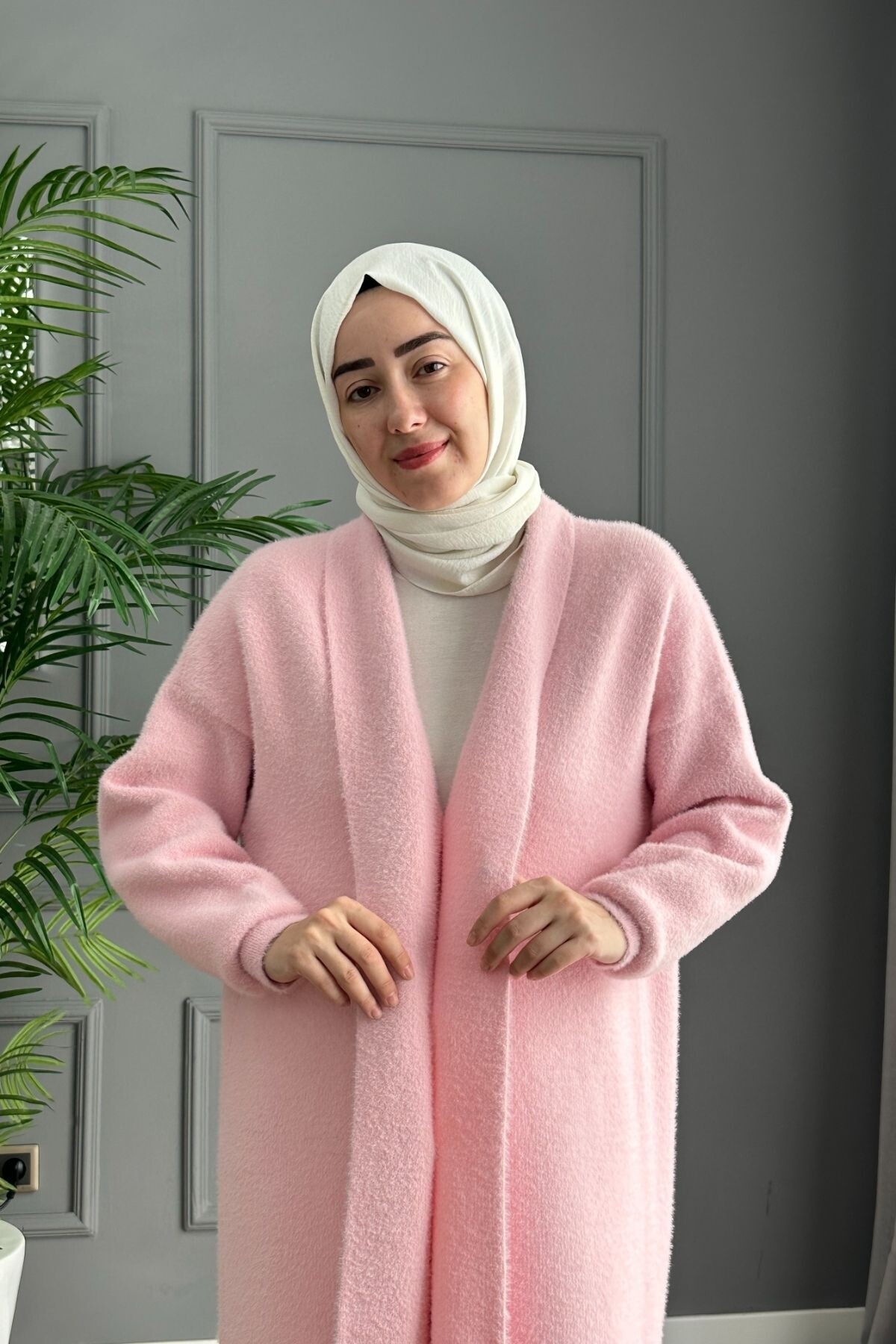 Angora Kumaş Hırka Pudra