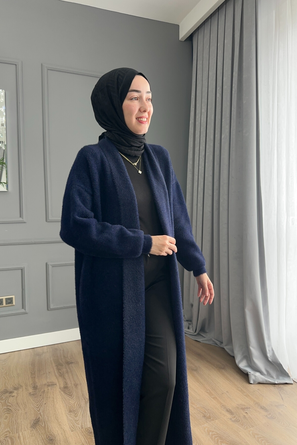 Angora Kumaş Uzun Hırka Lacivert 4142