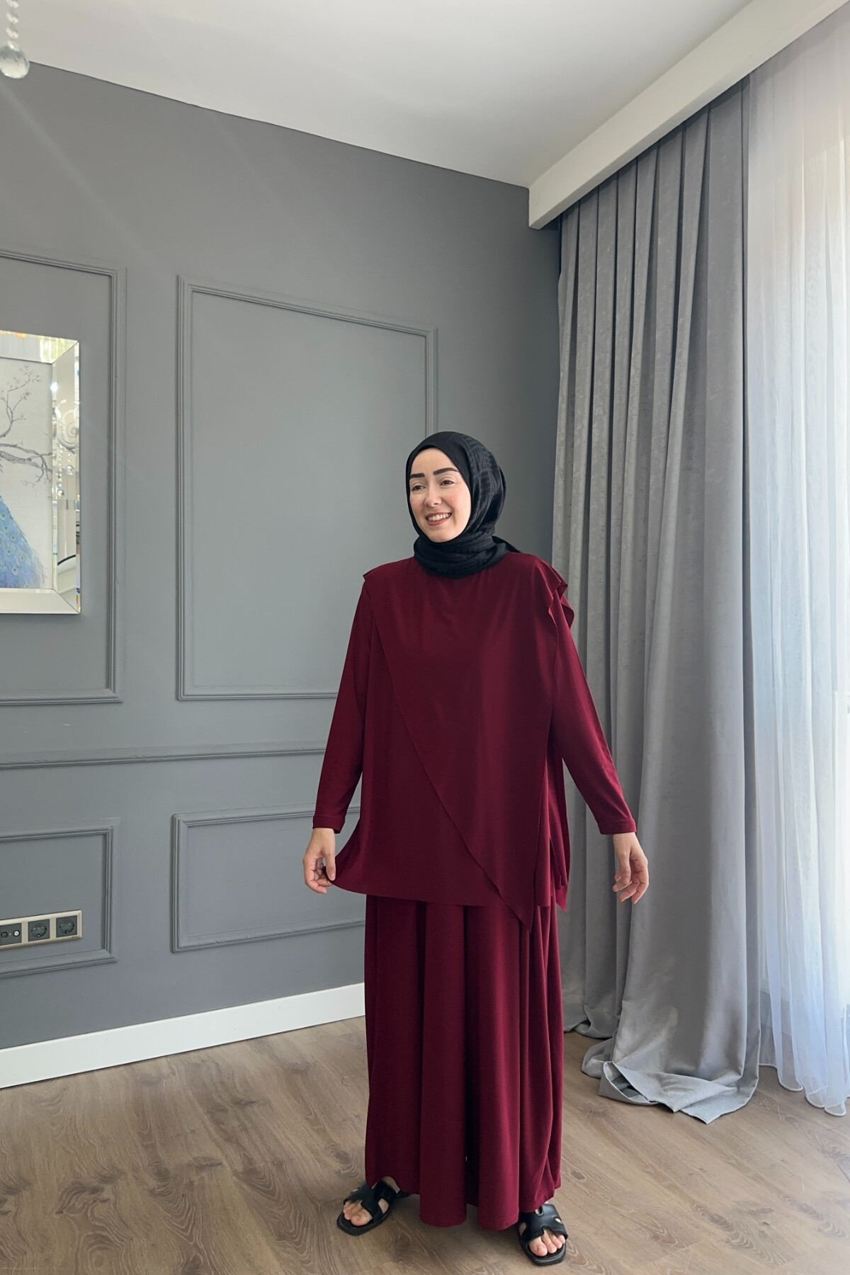 ASİMETRİK ETEK PANTALON SANDY TAKIM 4214 BORDO