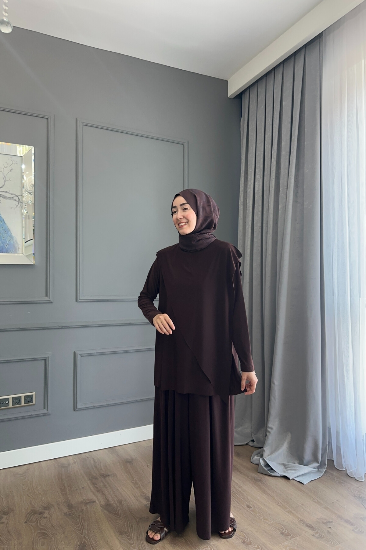 ASİMETRİK ETEK PANTALON SANDY TAKIM 4214 KAHVE