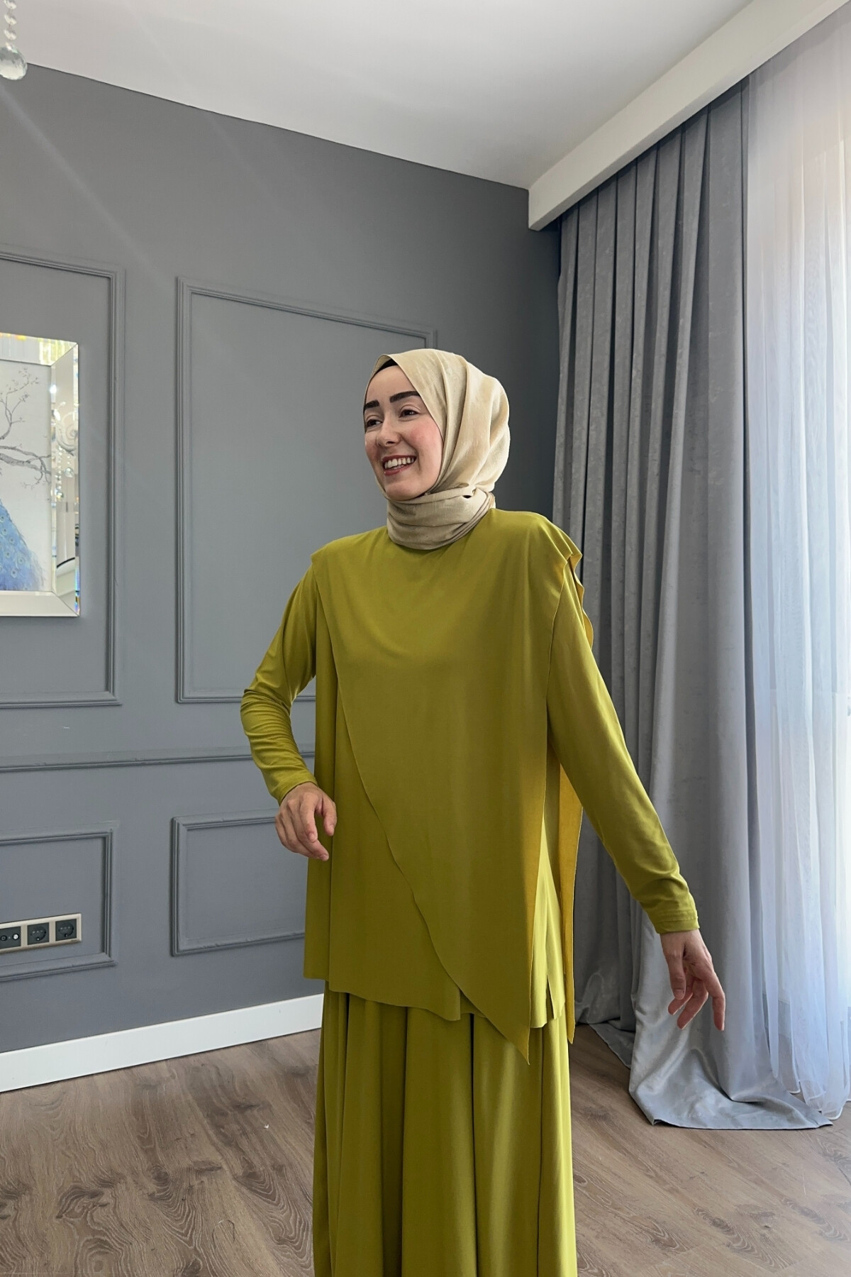 ASİMETRİK ETEK PANTALON SANDY TAKIM 4214 YAĞ YEŞİLİ