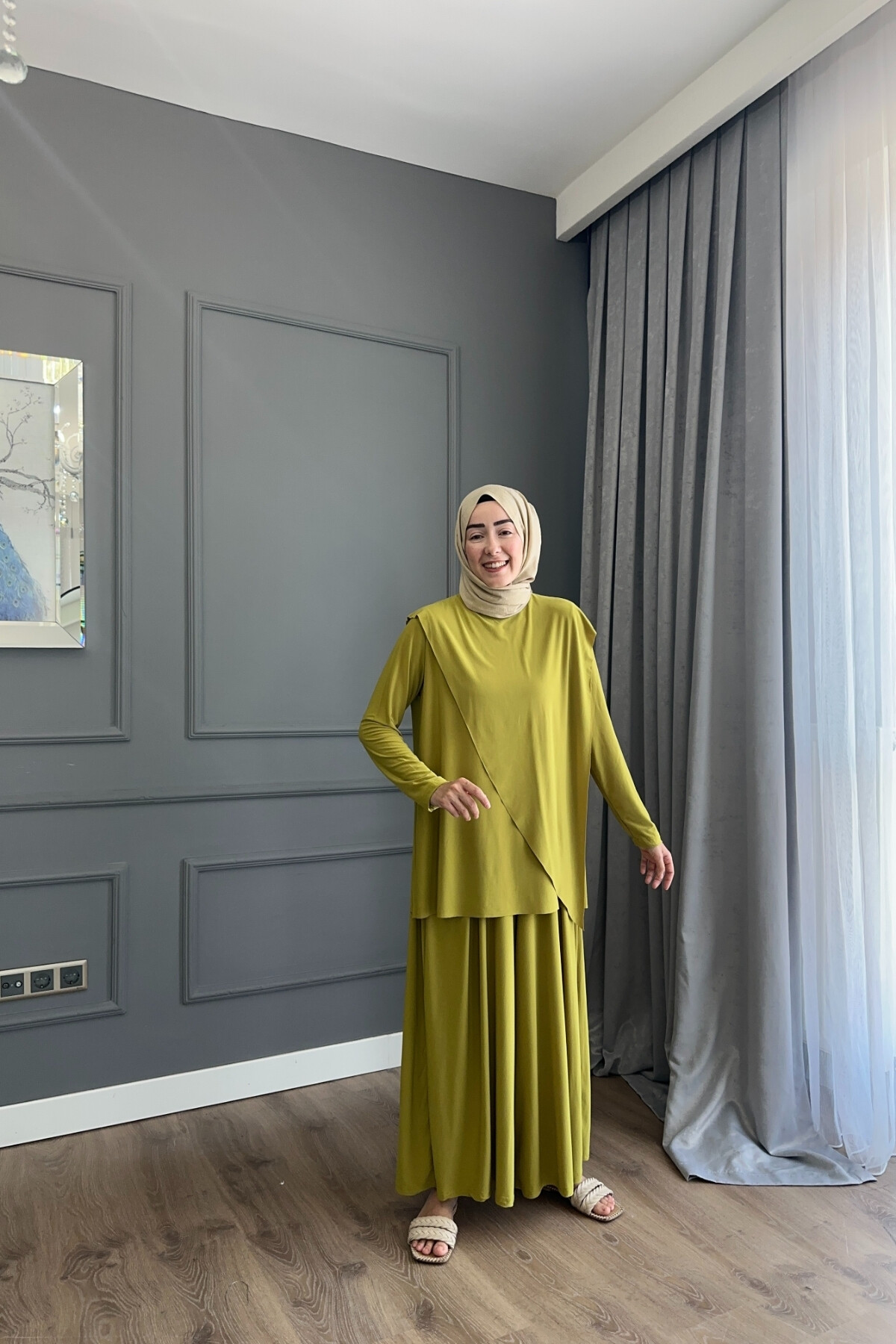 ASİMETRİK ETEK PANTALON SANDY TAKIM 4214 YAĞ YEŞİLİ