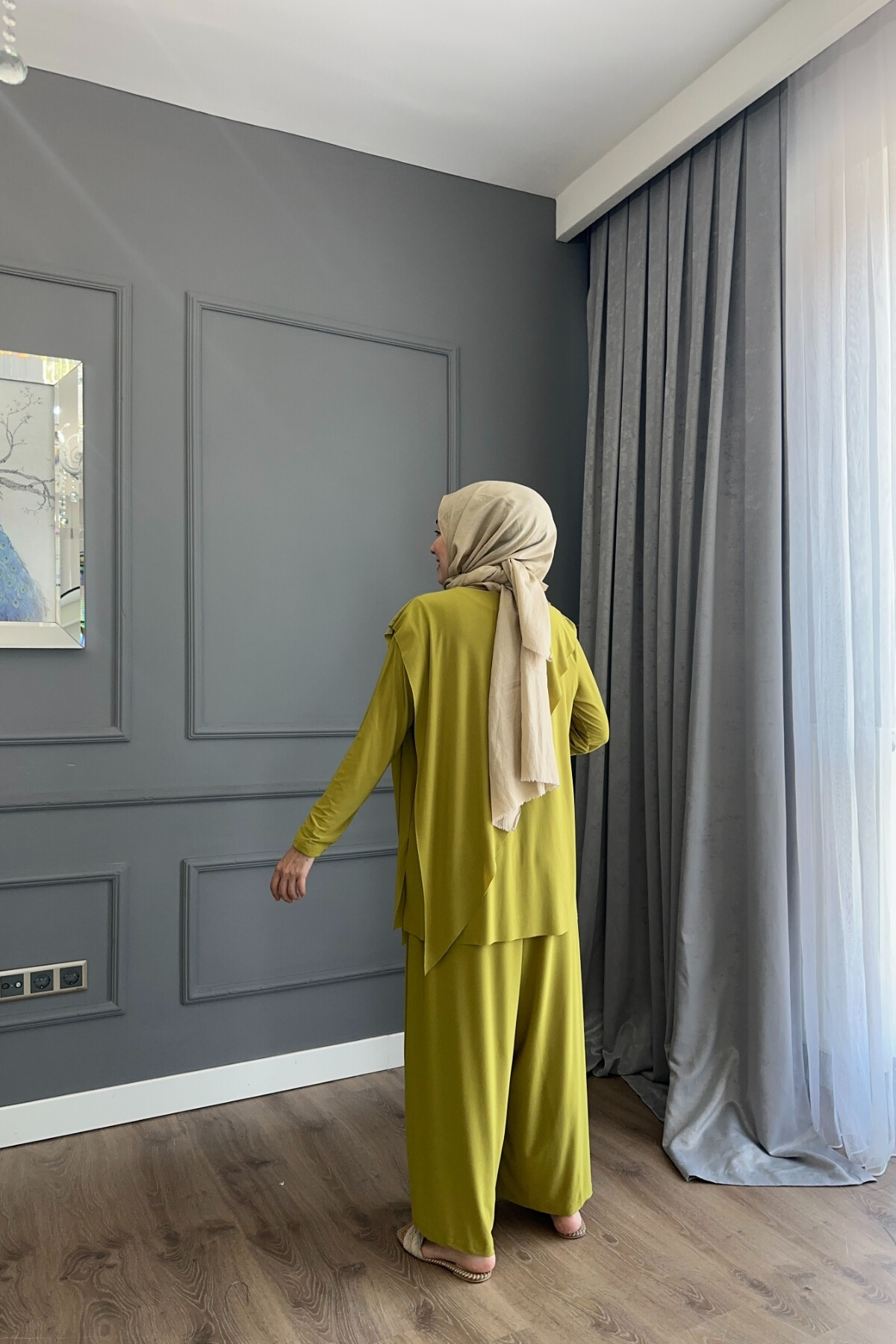 ASİMETRİK ETEK PANTALON SANDY TAKIM 4214 YAĞ YEŞİLİ