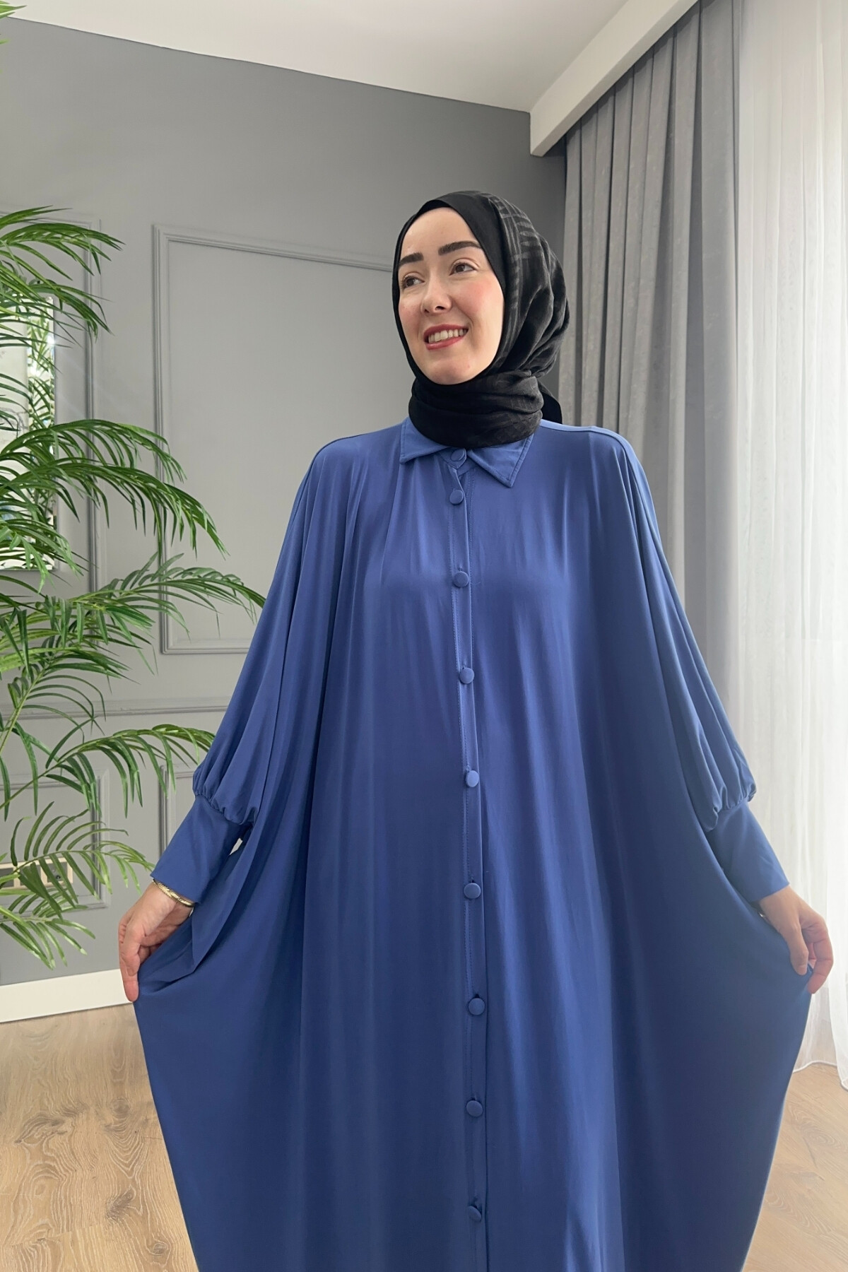 DÜĞMELİ FERACE ELBİSE 1723 İNDİGO