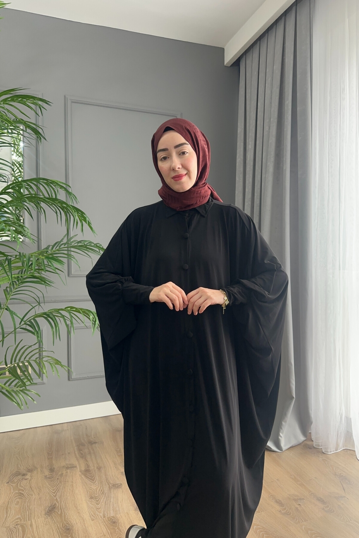 DÜĞMELİ FERACE ELBİSE 1723 SİYAH