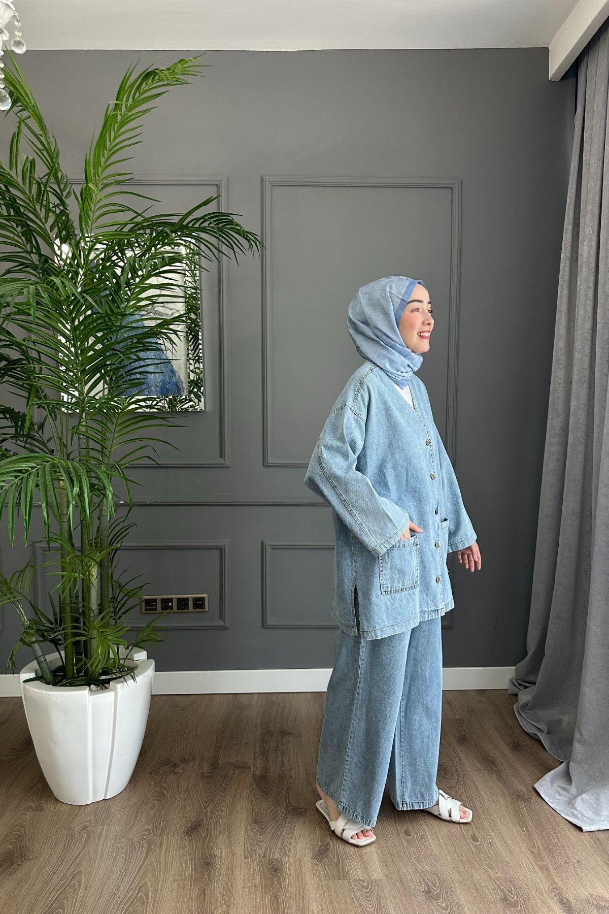 DÜĞMELİ İNCE KOT TAKIM 2080 AÇIK MAVİ