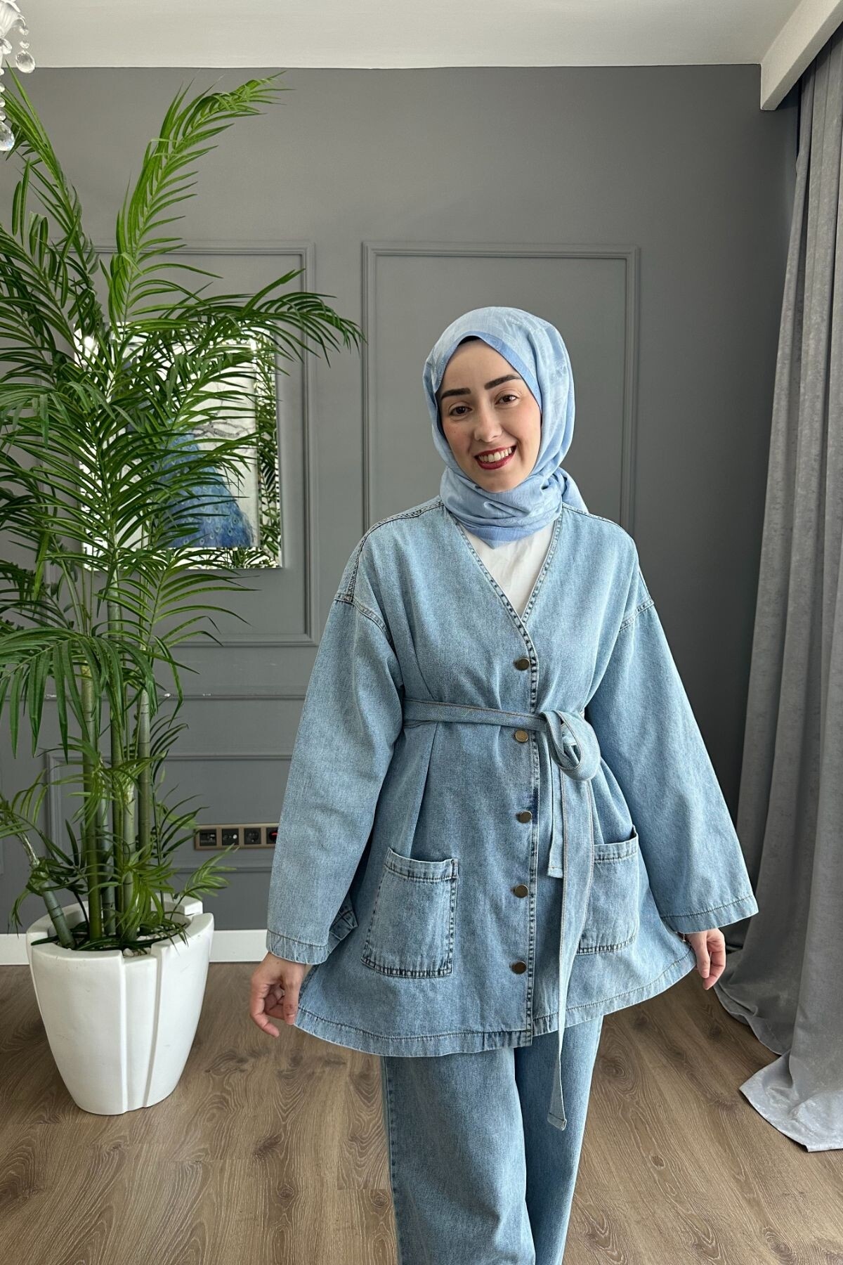 DÜĞMELİ İNCE KOT TAKIM 2080 AÇIK MAVİ