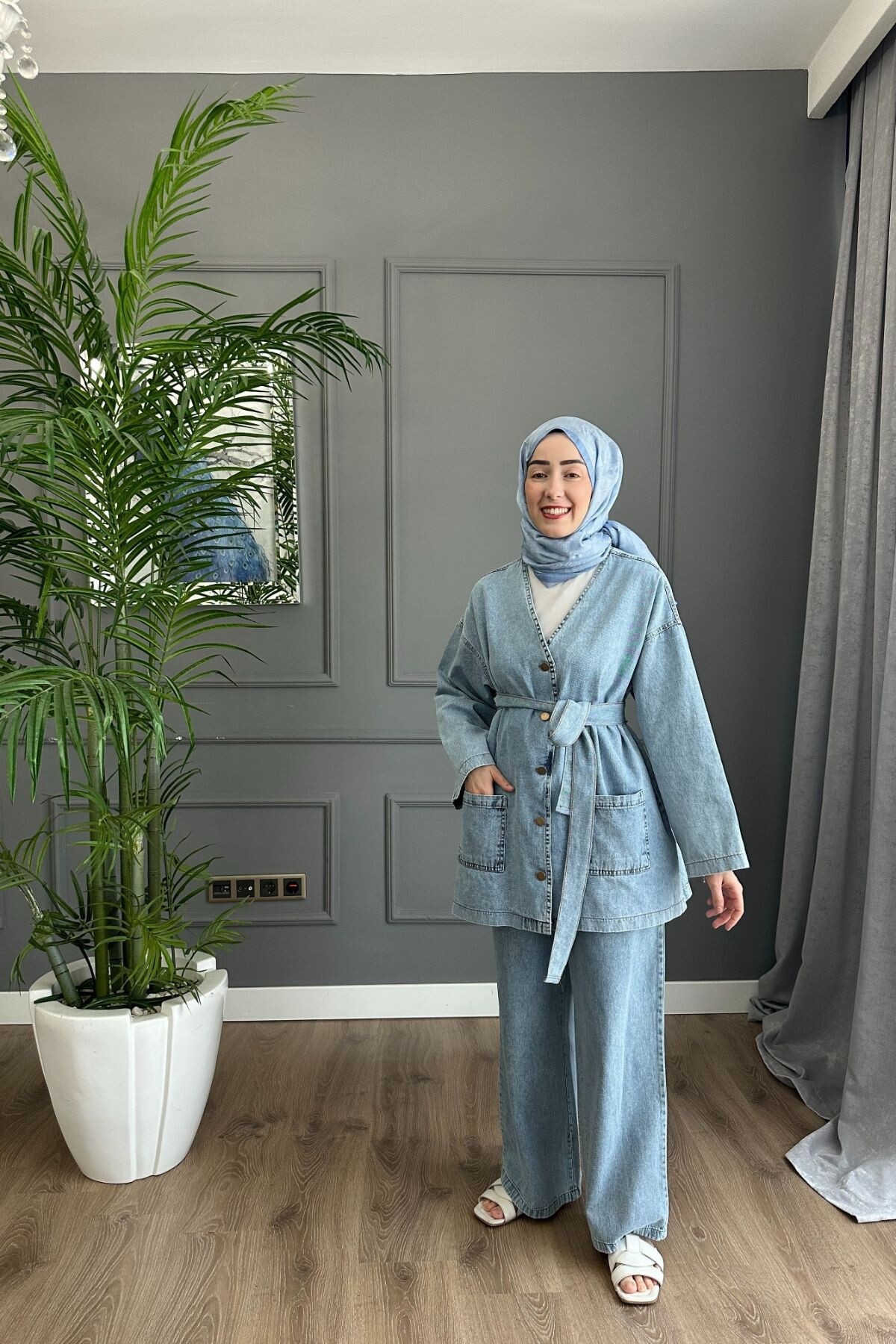 DÜĞMELİ İNCE KOT TAKIM 2080 AÇIK MAVİ