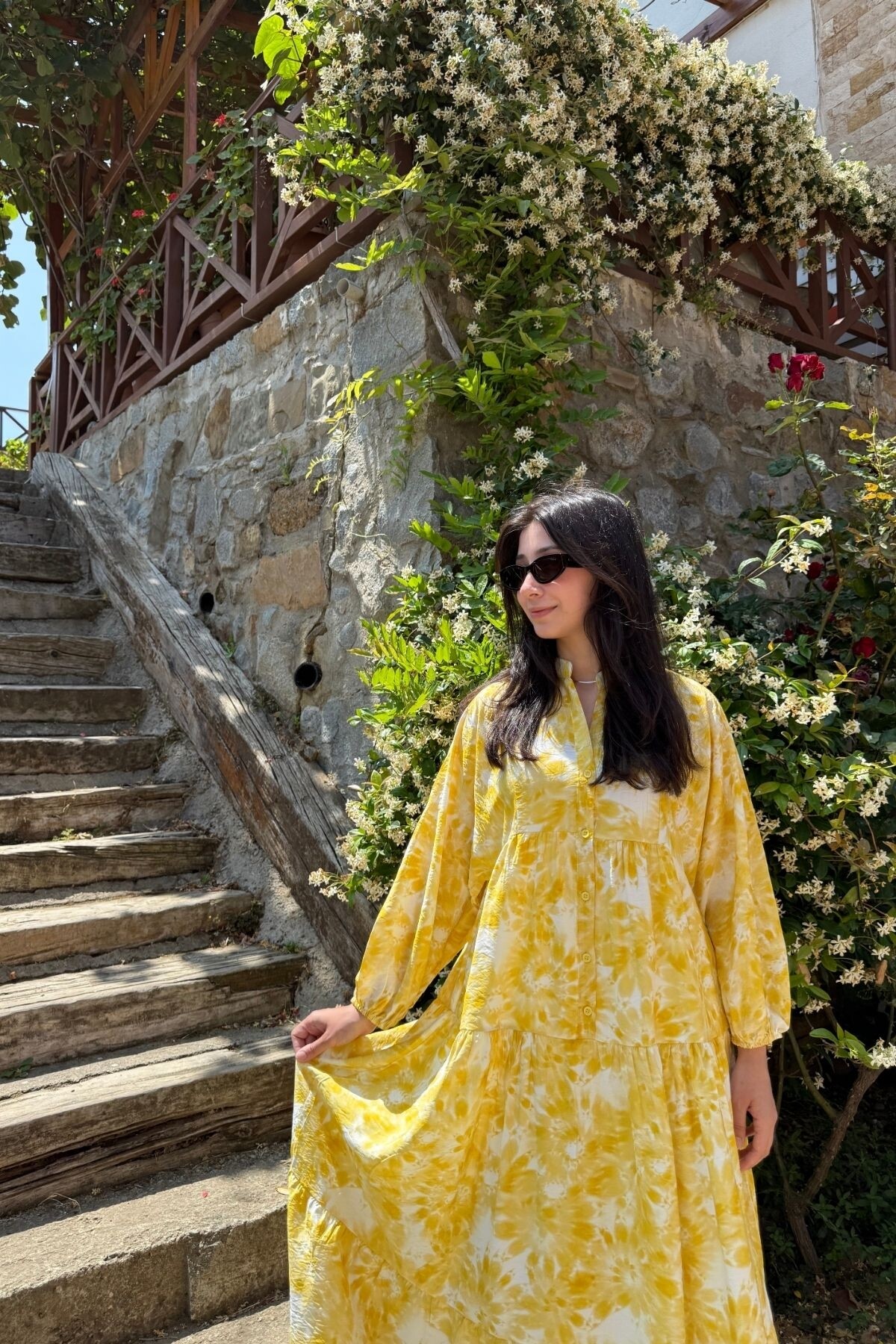 EYLÜL MODEL MANGO KUMAŞ ELBİSE SARI