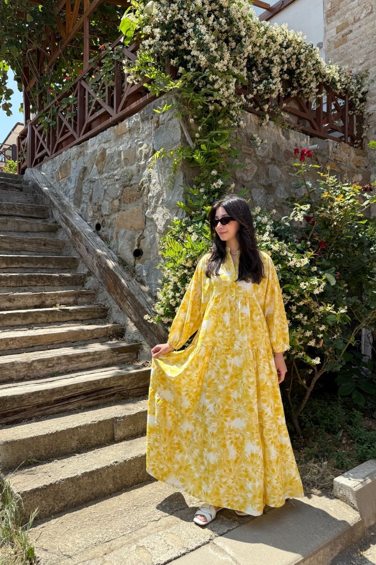 EYLÜL MODEL MANGO KUMAŞ ELBİSE SARI