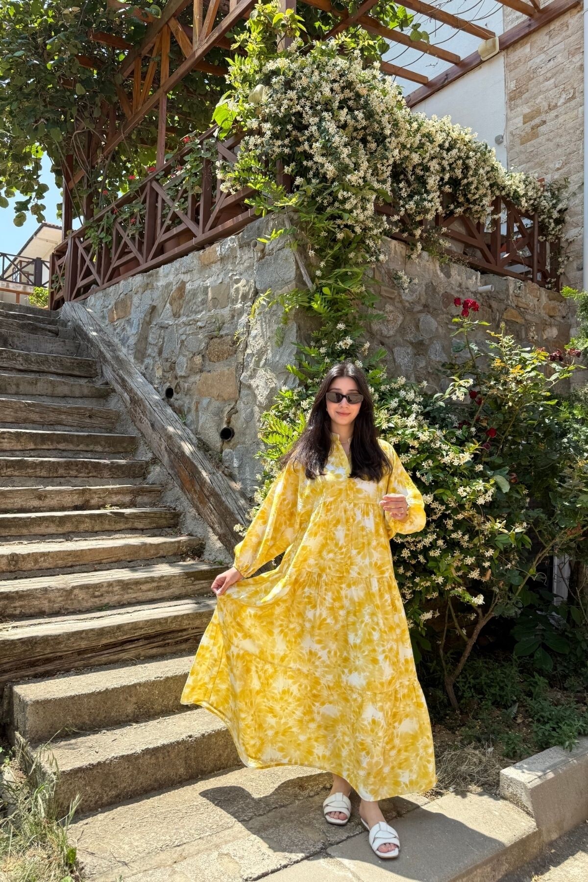 EYLÜL MODEL MANGO KUMAŞ ELBİSE SARI