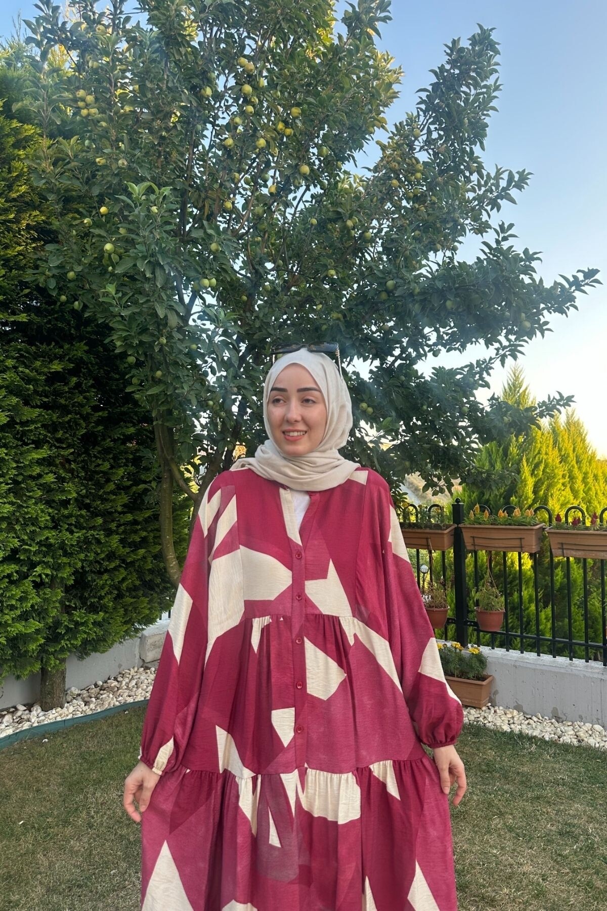 KETEN KARE MODEL ELBİSE BORDO