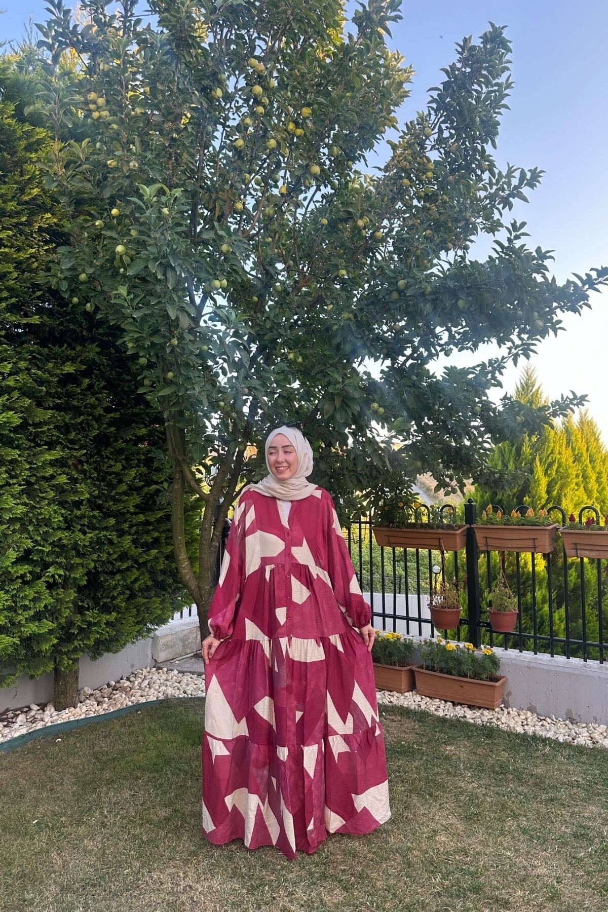 KETEN KARE MODEL ELBİSE BORDO