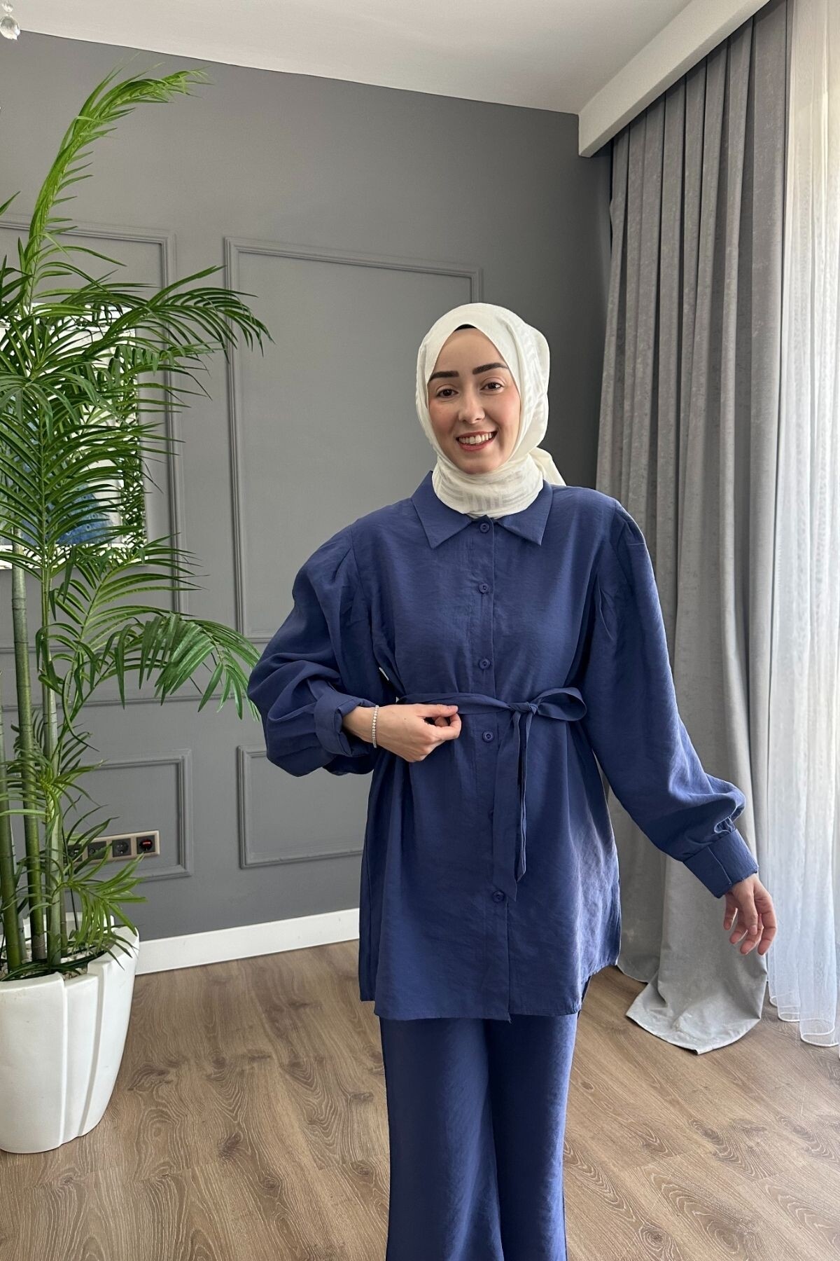 MODAL KUMAŞ DÜĞMELİ TAKIM 3026  İNDİGO