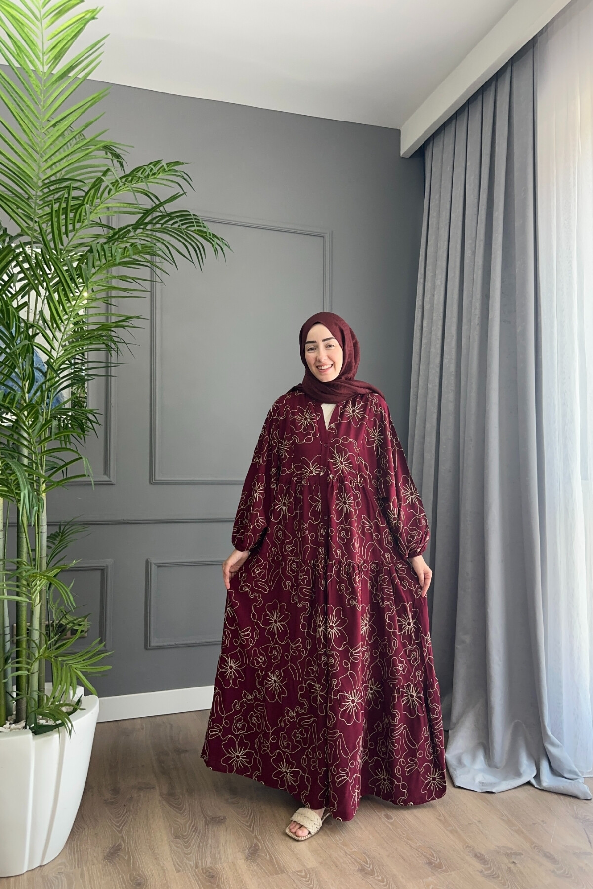 NATUREL MODEL KETEN KUMAŞ ELBİSE BORDO