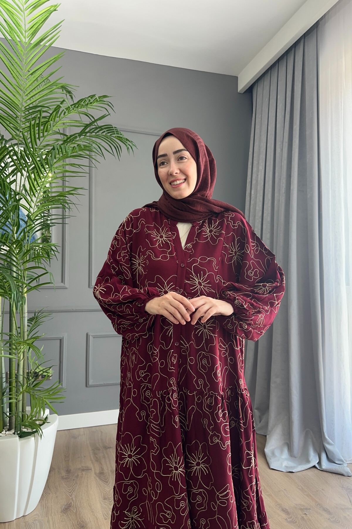 NATUREL MODEL KETEN KUMAŞ ELBİSE BORDO