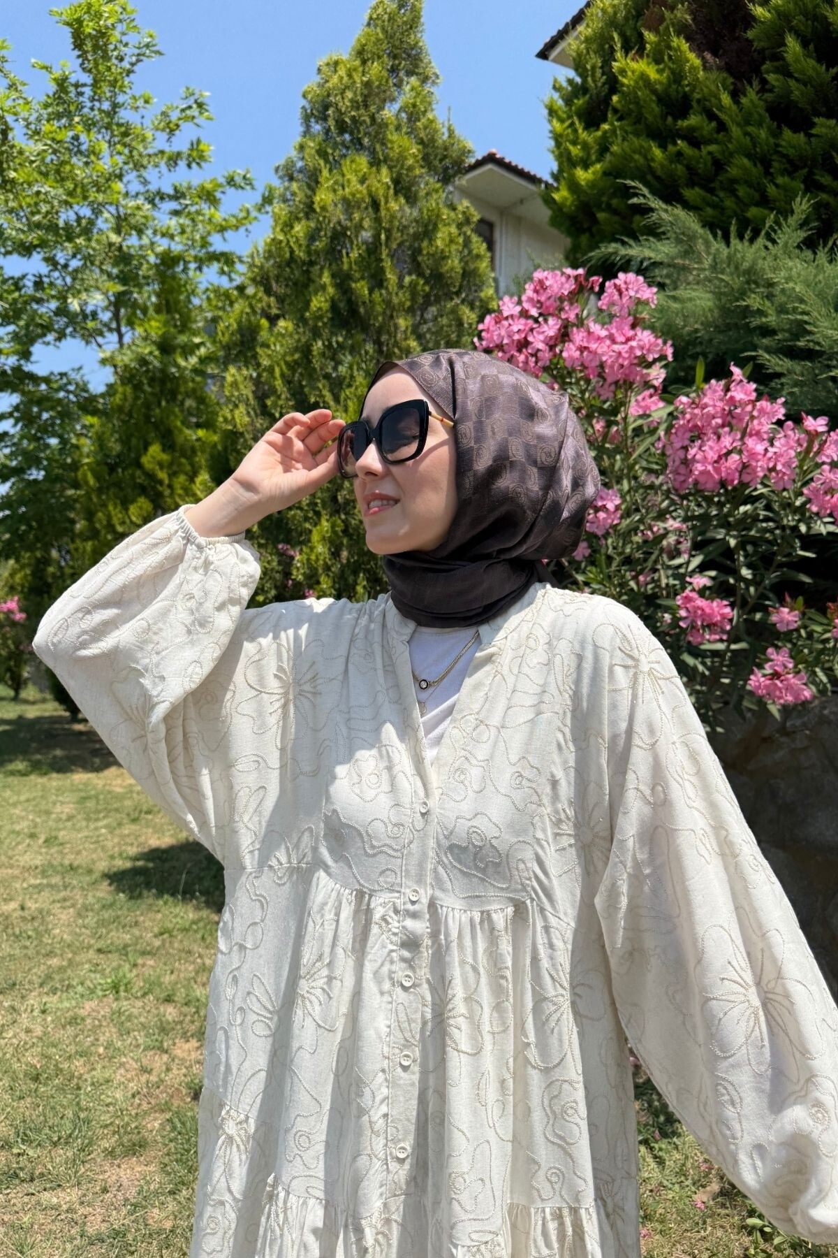 NATUREL MODEL KETEN KUMAŞ ELBİSE BEJ