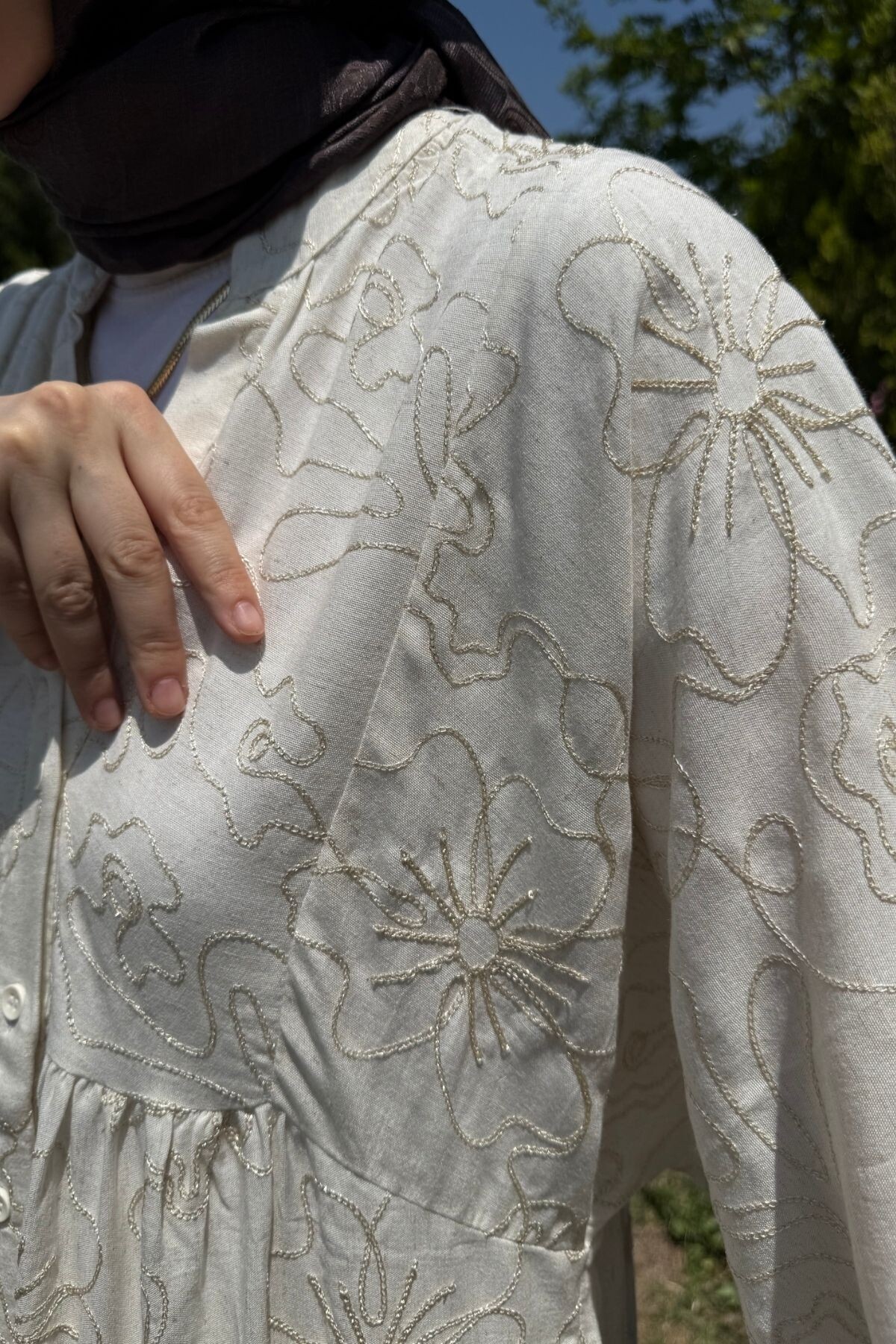 NATUREL MODEL KETEN KUMAŞ ELBİSE BEJ