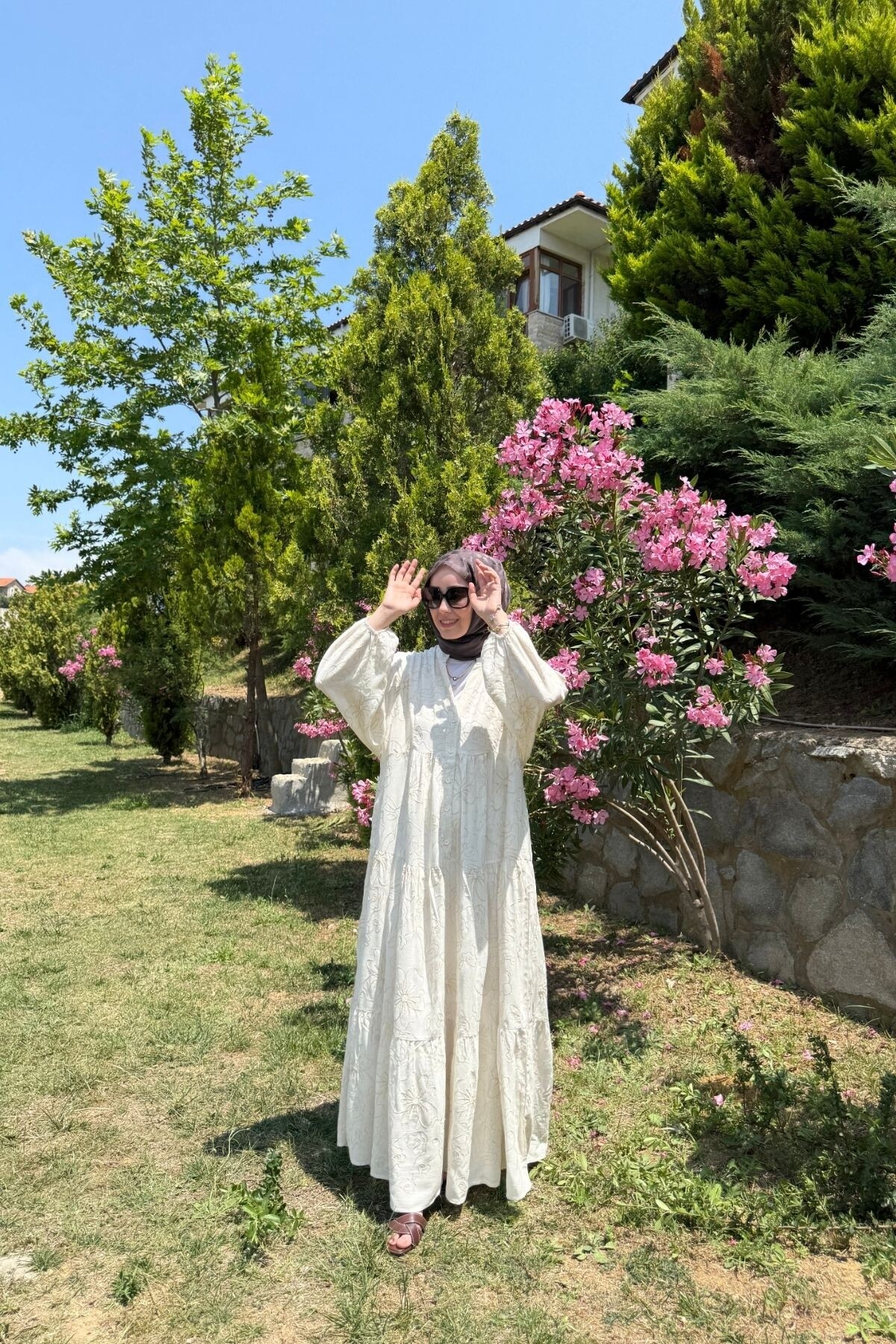 NATUREL MODEL KETEN KUMAŞ ELBİSE BEJ