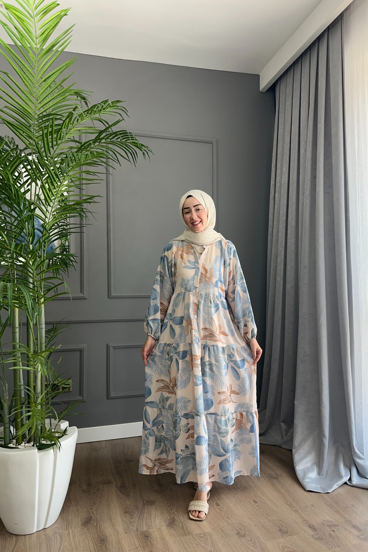 PALMİYA MODEL MANGO KUMAŞ ELBİSE MAVİ