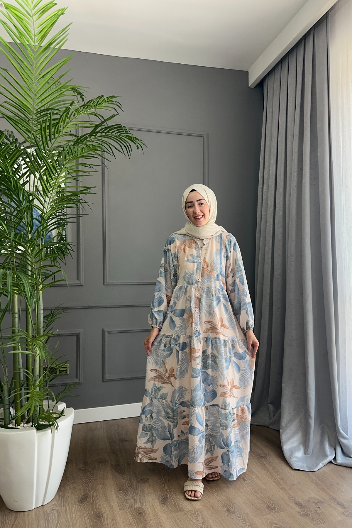 PALMİYA MODEL MANGO KUMAŞ ELBİSE MAVİ