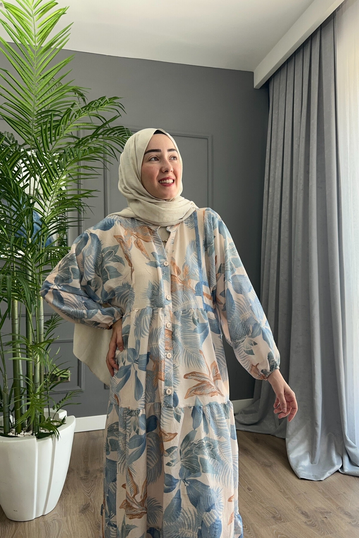 PALMİYA MODEL MANGO KUMAŞ ELBİSE MAVİ