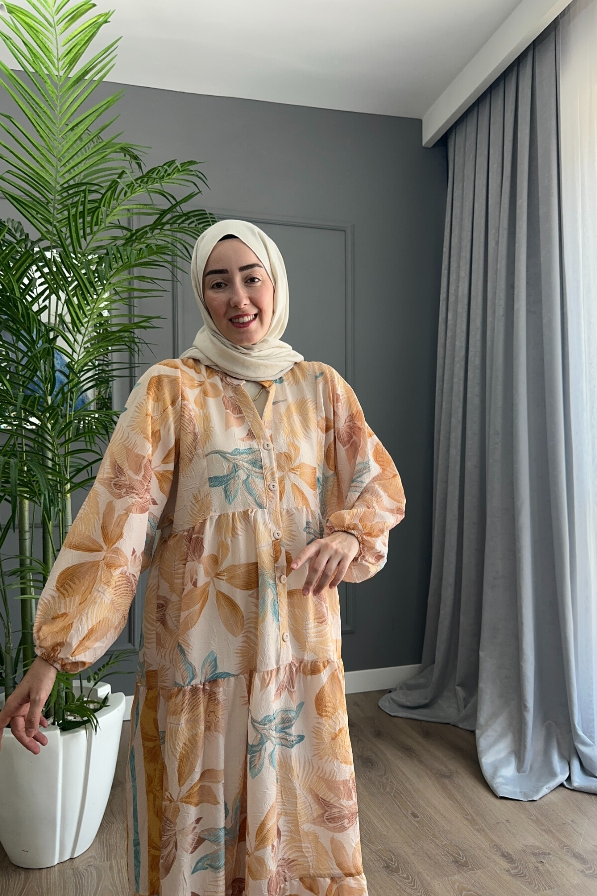 PALMİYA MODEL MANGO KUMAŞ ELBİSE TURUNCU