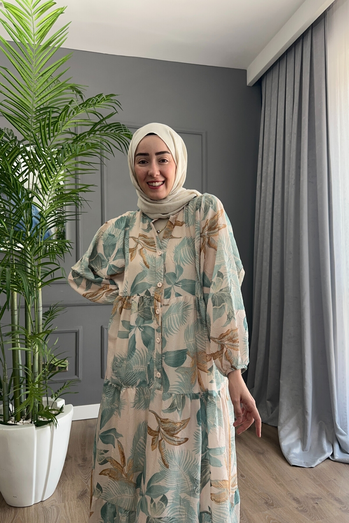 PALMİYA MODEL MANGO KUMAŞ ELBİSE YEŞİL