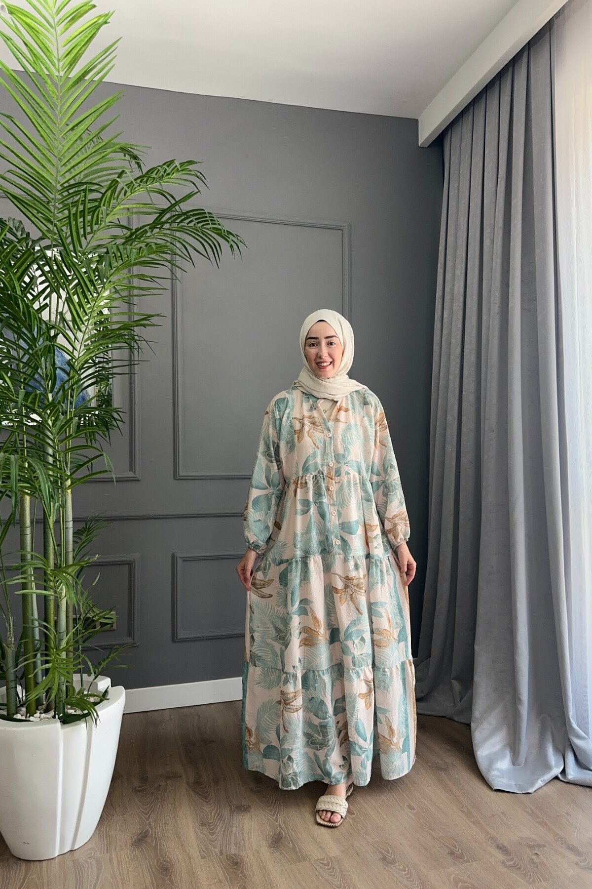 PALMİYA MODEL MANGO KUMAŞ ELBİSE YEŞİL