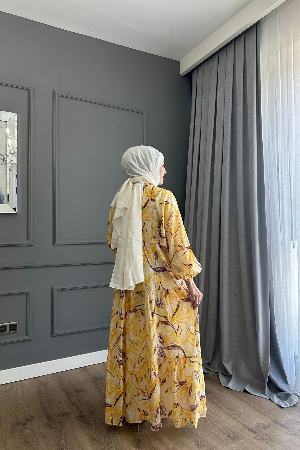 SİMAY MODEL MANGO KUMAŞ ELBİSE SARI