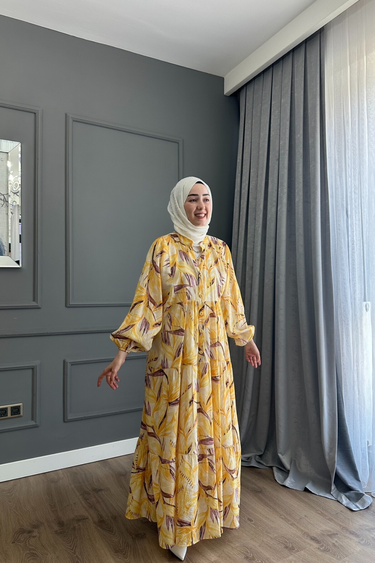 SİMAY MODEL MANGO KUMAŞ ELBİSE SARI