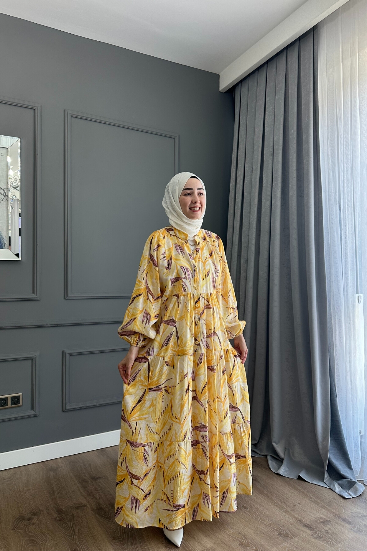 SİMAY MODEL MANGO KUMAŞ ELBİSE SARI