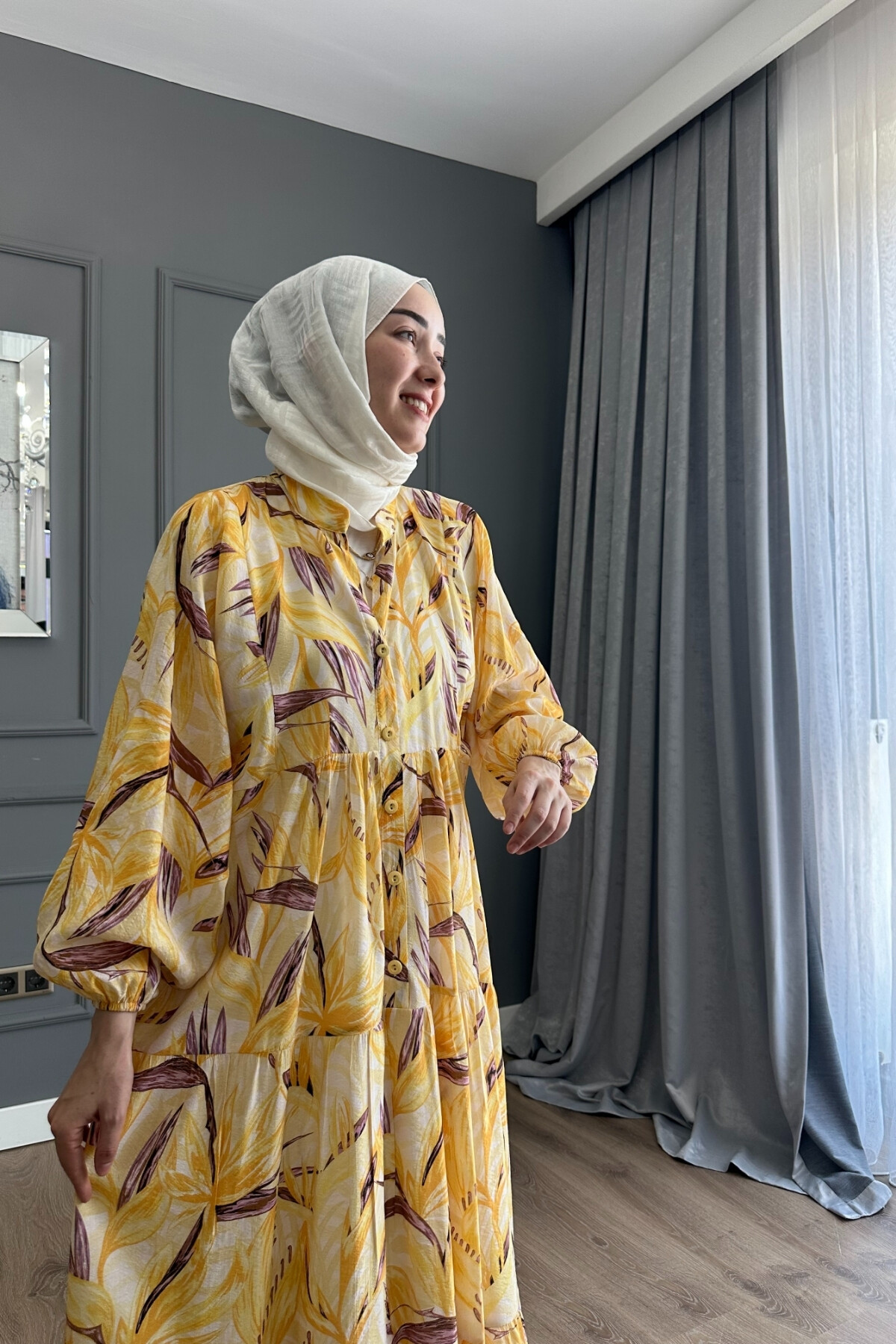 SİMAY MODEL MANGO KUMAŞ ELBİSE SARI