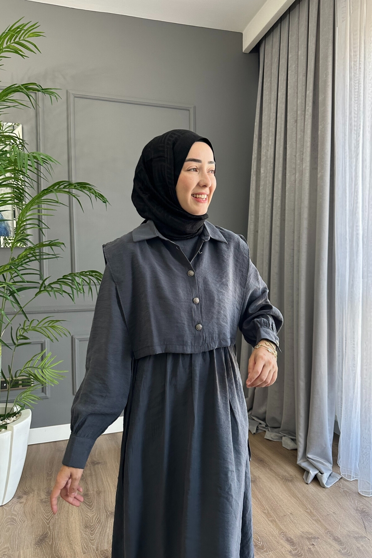 YELEK DETAYLI MODAL ELBİSE 1503 ANTRASİT