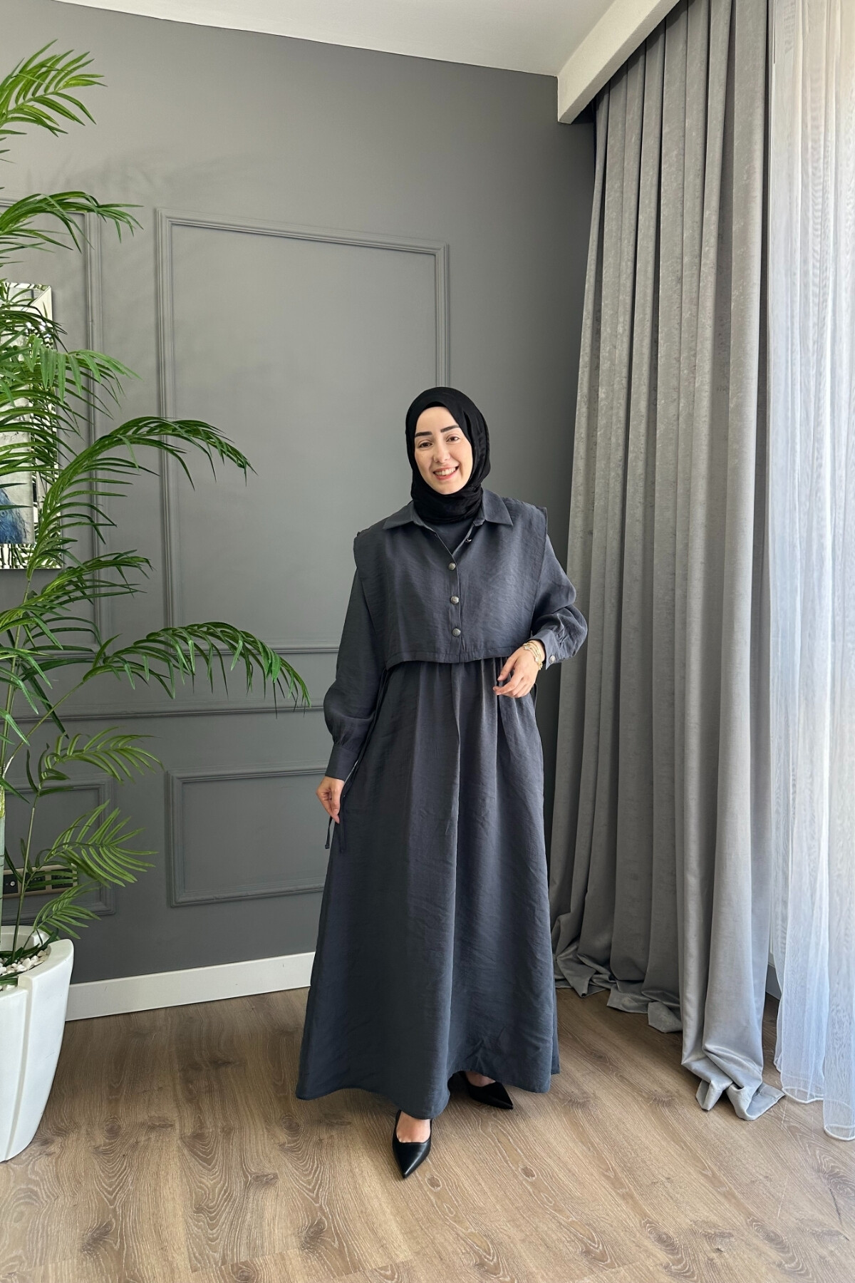 YELEK DETAYLI MODAL ELBİSE 1503 ANTRASİT