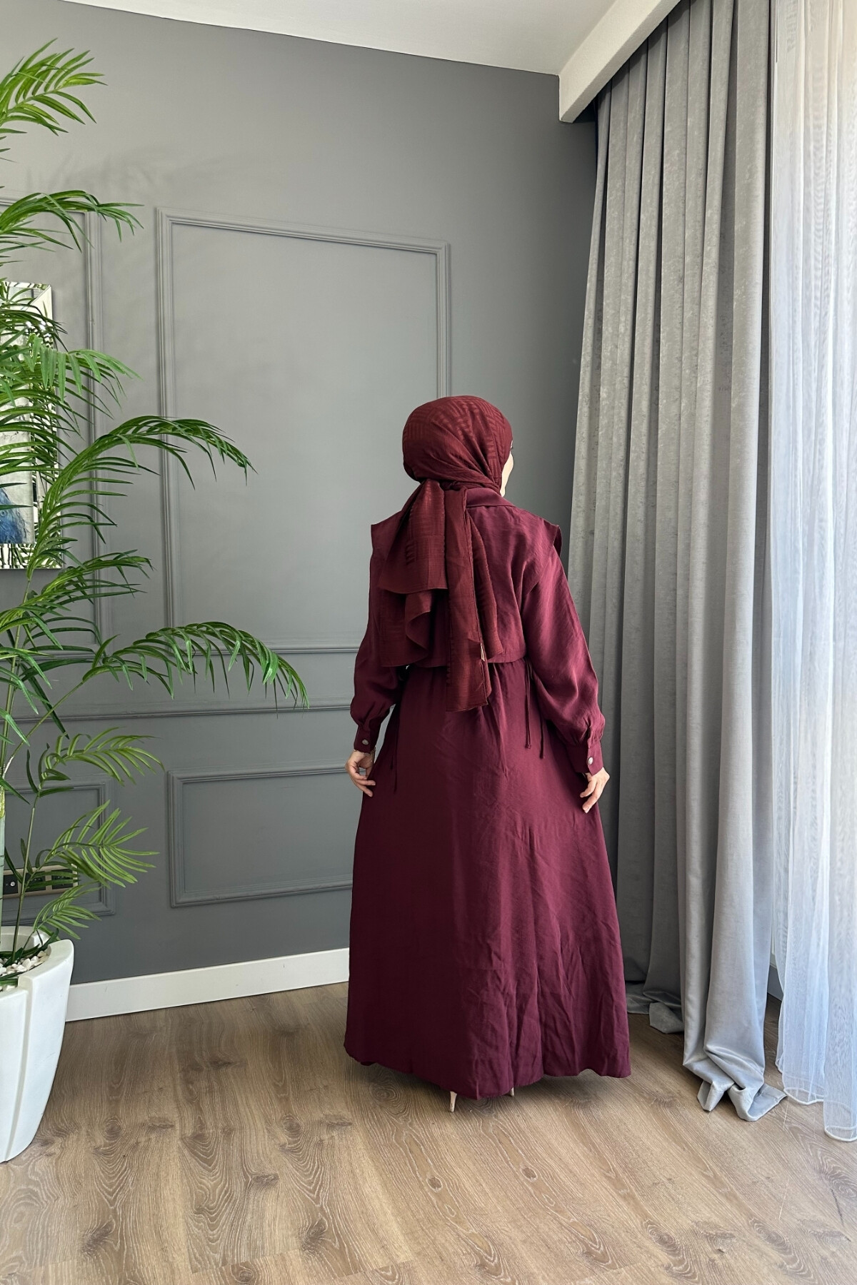 YELEK DETAYLI MODAL ELBİSE 1503 BORDO