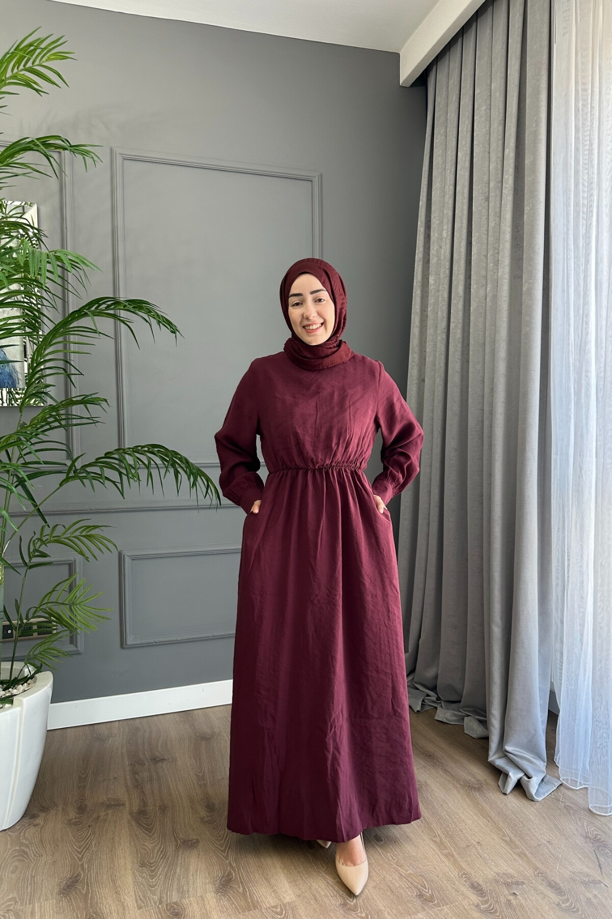 YELEK DETAYLI MODAL ELBİSE 1503 BORDO