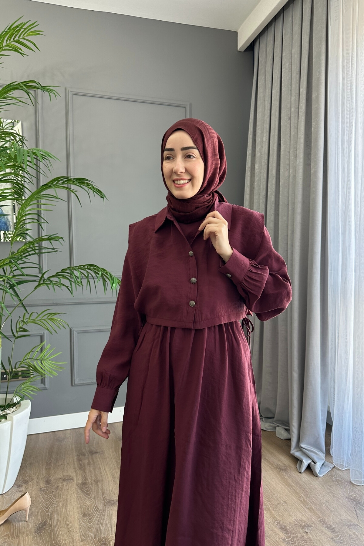 YELEK DETAYLI MODAL ELBİSE 1503 BORDO