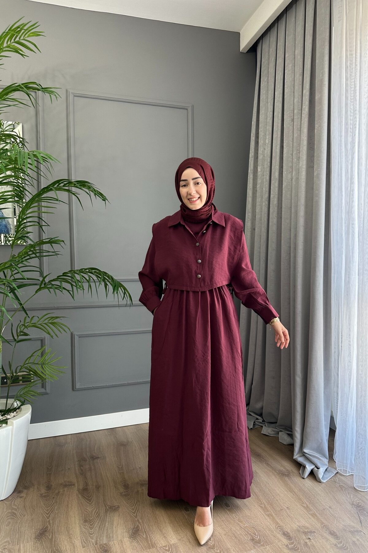 YELEK DETAYLI MODAL ELBİSE 1503 BORDO