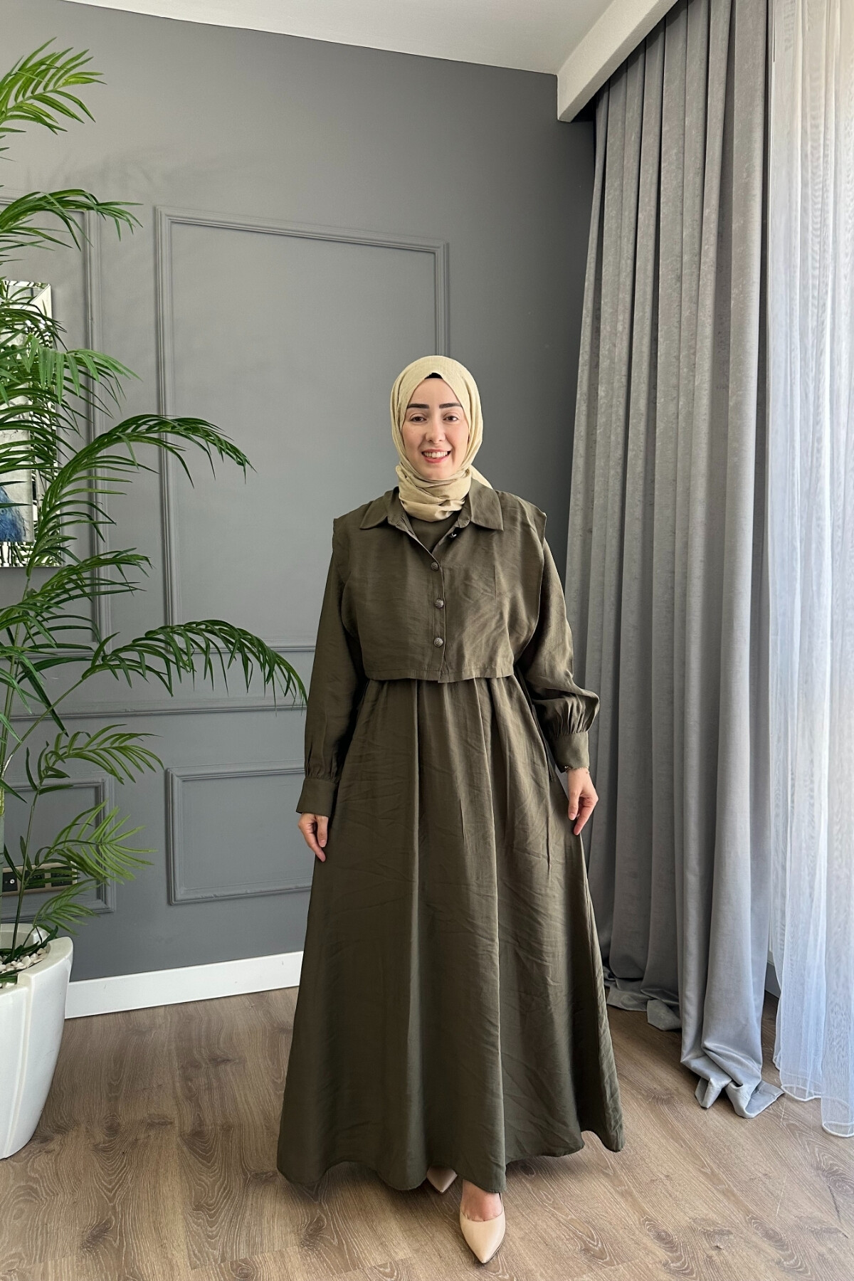 YELEK DETAYLI MODAL ELBİSE 1503 HAKİ