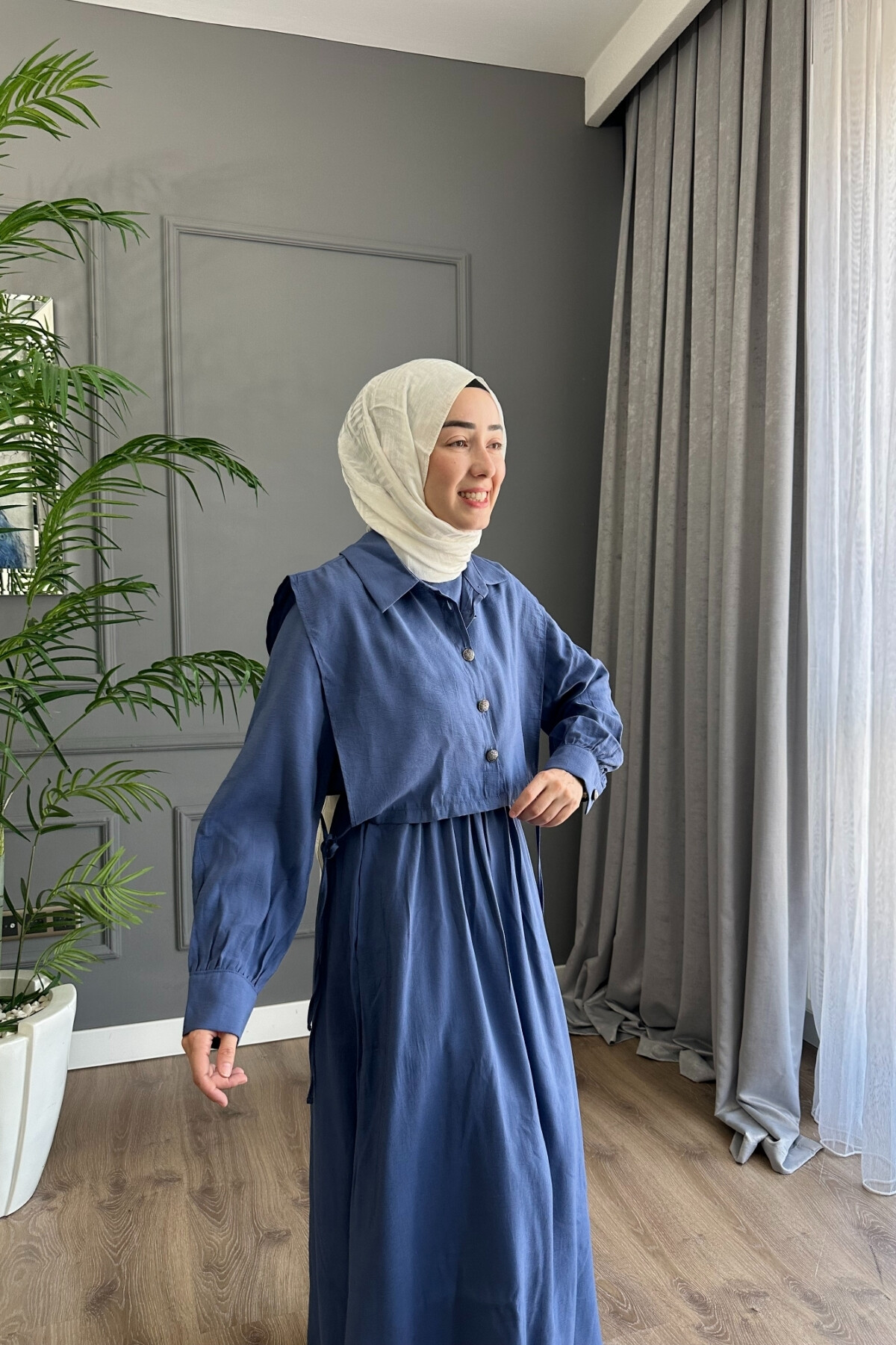 YELEK DETAYLI MODAL ELBİSE 1503 İNDİGO