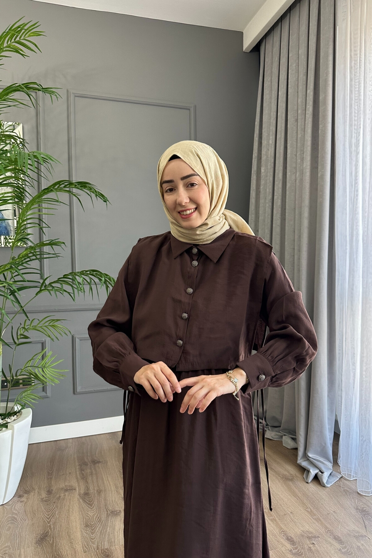 YELEK DETAYLI MODAL ELBİSE 1503 KAHVE