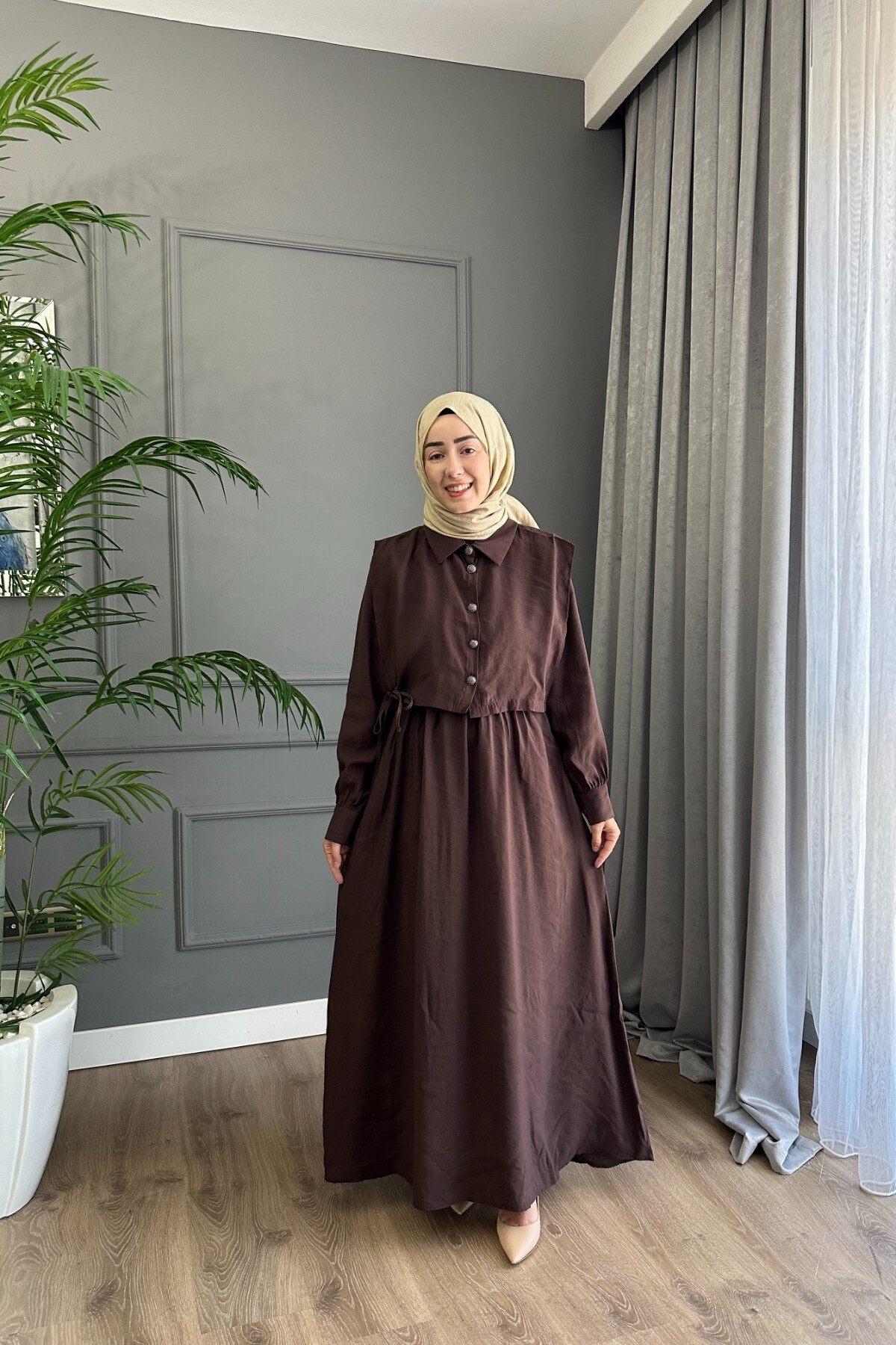YELEK DETAYLI MODAL ELBİSE 1503 KAHVE