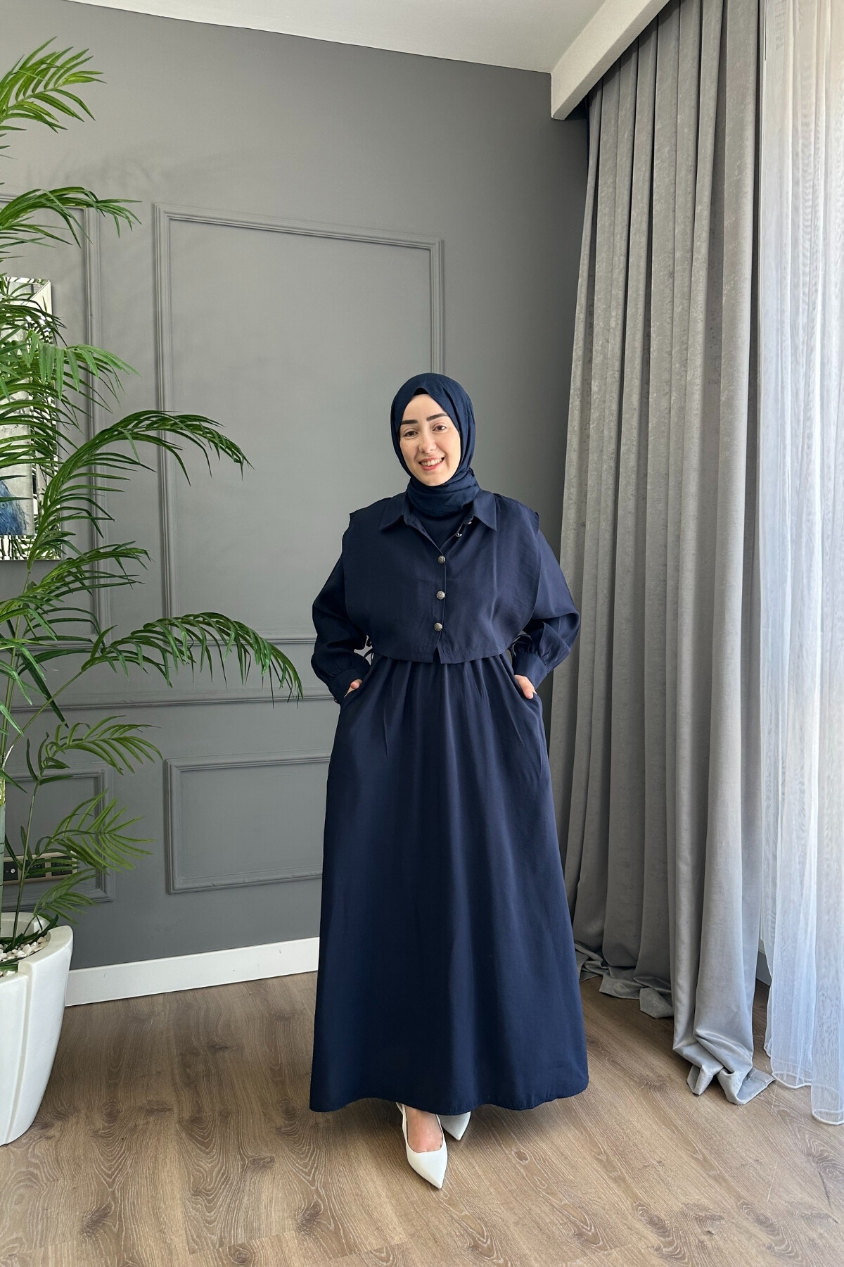 YELEK DETAYLI MODAL ELBİSE 1503 LACİVERT