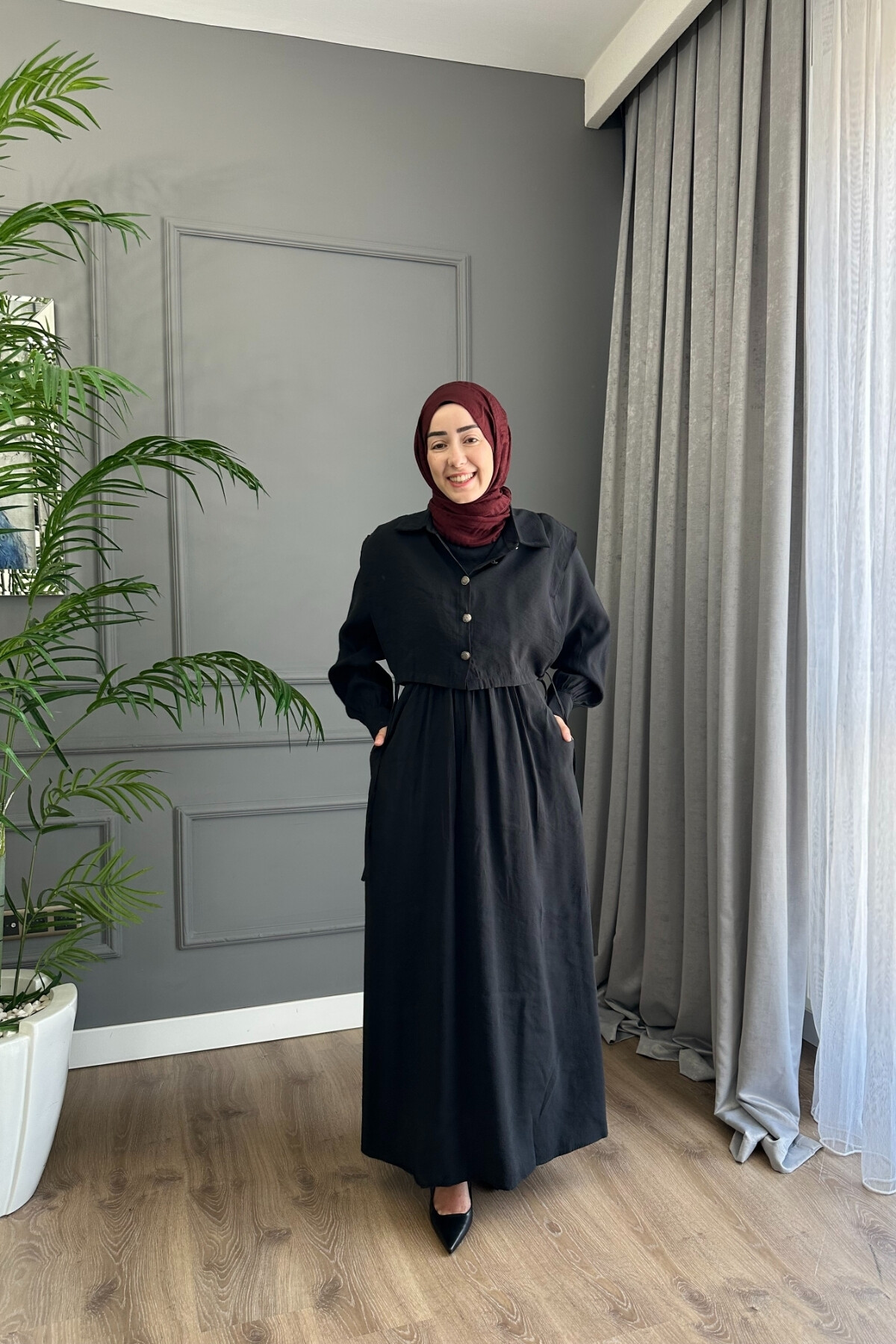 YELEK DETAYLI MODAL ELBİSE 1503 SİYAH